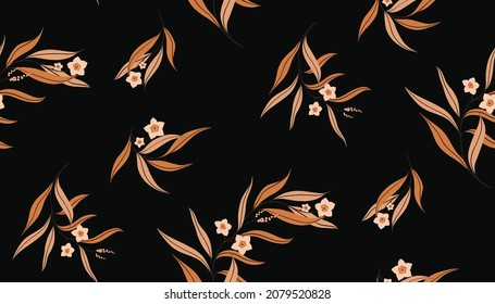 Seamless pattern with brown floral twigs on a dark background. Autumn floral pattern with old fashioned design. Arrangement of falling twigs with small flowers and long leaves. Vector.