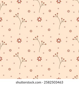 Seamless pattern with brown flowers and twigs on a beige background