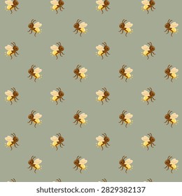 Seamless pattern with brown flying fireflies, cream wings and glowing yellow abdomens arranged on muted green background. Ideal for fabric, wallpaper, wrapping paper, packaging, stationery and nursery decor. Vector summer background.

