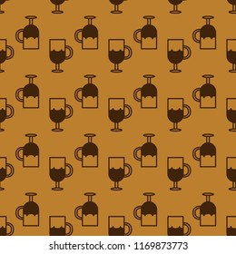 Seamless pattern with brown glasses for coffee and cocktails on a yellow background.