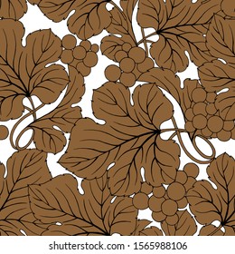 Seamless pattern in brown with grapes and leaves