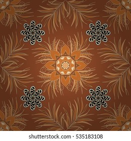 Seamless pattern with brown grass and petals black and white mandala. Beige. Vector.