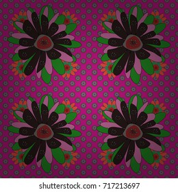 Seamless pattern with a brown, green and magenta bright summer floral print, flowers, foliage. Vector illustration.