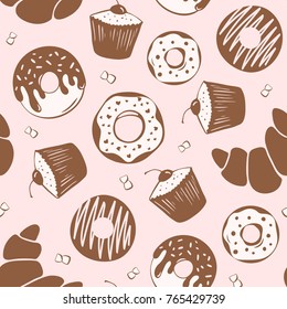 Seamless pattern of brown hand drawn donuts, croissant and muffin in modern flat style on pink with marshmallow. Good for package design, wrapping paper.