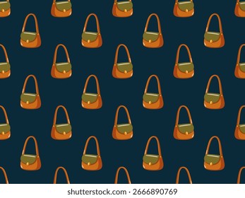 Seamless pattern with brown handbags on dark blue background. Cartoon vector background. 