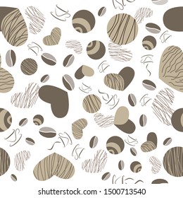 Seamless pattern with brown heart chocolates and coffee beans on white background. Vector illustration.