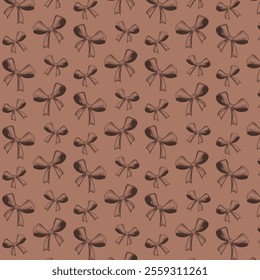 Seamless pattern brown holiday bow. Holidays gift symbol decorative design element.Mocha Mousse 2025. Happy valentines day, women day holiday, dating invitation, wedding or marriage greeting card.