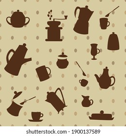 Seamless pattern with brown kitchen utensils used to make coffee on a background of coffee beans. Vector EPS8 illustration