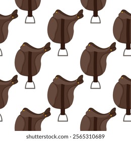 A seamless pattern with brown leather horse riding saddle.