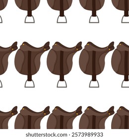 Seamless pattern with brown leather saddle. Horse riding print.