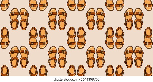 Seamless pattern with brown leather sandals on beige background. Summer unisex shoes. Cartoon style vector background. 