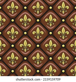 Seamless pattern with brown leather upholstery, golden fleur de lis. Vector background.