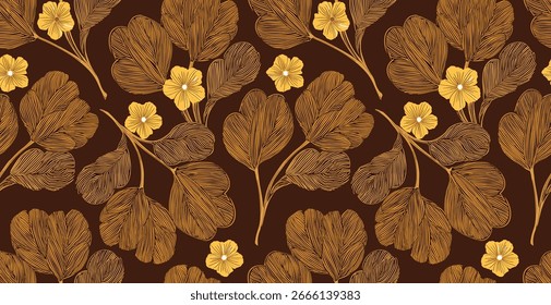Padrão Sem Costura Com Folhas Marrom E Flores Amarelas Em Um Fundo Escuro. Ideal Para Têxteis, Papel De Parede E Impressões.
