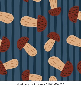 Seamless pattern with brown mushroom hand drawn print. Navy blue striped background. Designed for fabric design, textile print, wrapping, cover. Vector illustration.