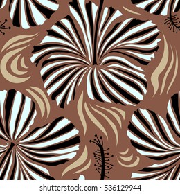 Seamless pattern of brown and neutral hibiscus floral background. Vector sketch of many brown and neutral flowers. Hand drawn seamless flower illustration.