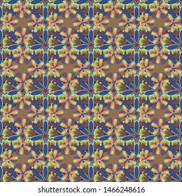 Seamless pattern in brown, orange and blue colors. Vector seamless little flower pattern in vintage style.