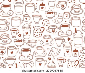 Nahtloses Muster mit braunen Umrissillustrationen von Kaffee und Tee auf weißem Hintergrund. Teetassen und Becher, Geschirr. Muster für Coffee Shop, Café-Menü.