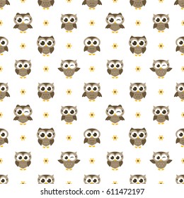 seamless pattern with brown owls and flowers
