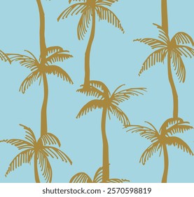 Seamless pattern of brown palm trees with curved trunks and detailed fronds on a light blue background. Modern and tropical design concept. Vector illustration