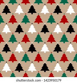 Seamless Pattern Brown Paper And Christmas Trees Red Green Black White