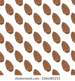 Seamless pattern with brown pine cones on white background. Colorful vector illustration doodle hand drawn. Wrapping or textile, print for fabric or paper, texture