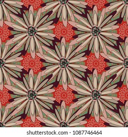 Seamless pattern with brown, pink and yellow flowers and leaves, abstract floral pattern. Tileable vector pattern for wallpaper, cards or fabric.