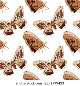 Seamless pattern with brown polyphemus moth. Nocturnal tropical butterfly. Stock vector illustration on a white background.