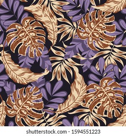 Seamless pattern with brown and purple tropical plants and leaves on a dark background. Illustration in Hawaiian style. Jungle leaves. Botanical pattern. Vector background for various surface. 