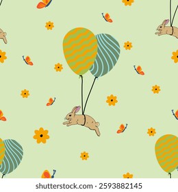 Seamless pattern of brown rabbits in pastel green tones, cute, for use on wallpapers, backgrounds, tiles.