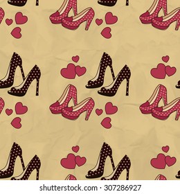 Seamless pattern with brown and red shoes with polka dots