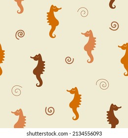 Seamless pattern with brown seahorse on beige background. Sea digital background with vector hand drawn elements. Seamless pattern for kids fabric, textile and scrapbook paper.