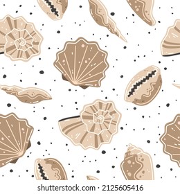 Seamless pattern with brown seashells. Vector flat illustration