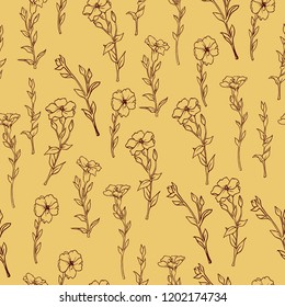 Seamless pattern with brown silhouette flowers and herbs on pastel beige background. Hand drawn vector illustration.