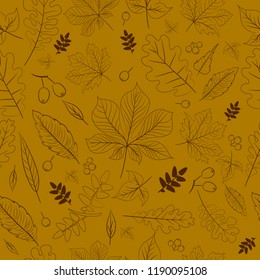 Seamless pattern, brown silhouettes of leaves on a creamy background.