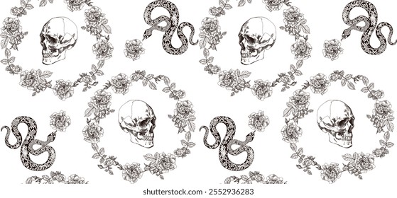 Seamless pattern with brown skulls, snakes and floral designs on a white background, creating a unique and artistic design.	