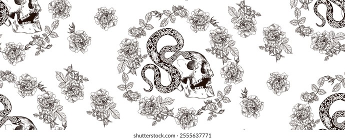 Seamless pattern with brown skulls, snakes and floral designs on a light background, creating a unique and artistic design.Web	