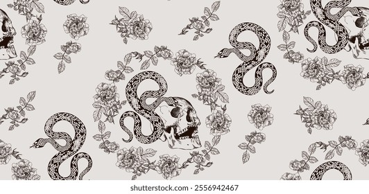 Seamless pattern with brown skulls, snakes and floral designs on a light background, creating a unique and artistic design