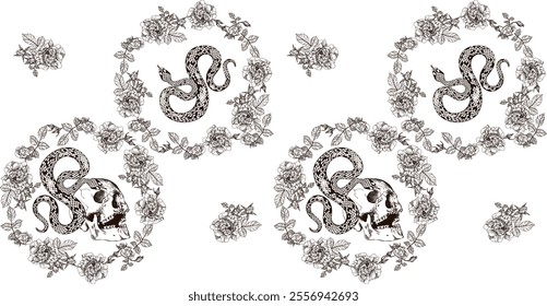 Seamless pattern with brown skulls, snakes and floral designs on a white background, creating a unique and artistic design