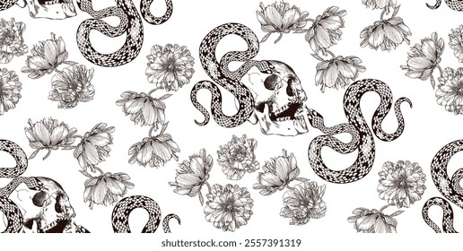 Seamless pattern with brown skulls, snakes and floral designs on a white background, creating a unique and artistic design.	