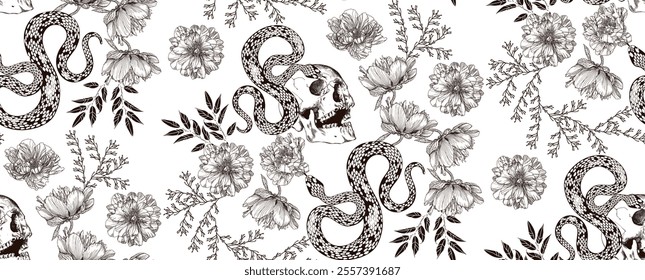 Seamless pattern with brown skulls, snakes and floral designs on a light background, creating a unique and artistic design.	