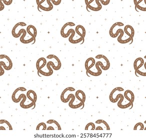 Seamless pattern with brown snake and magical abstract Y2K figures, stars on transparent background. Perfect for fabric design, packaging, astrology, wrapping paper. Vector Illustration in flat style