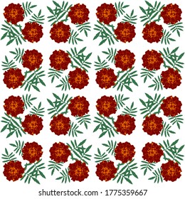Seamless pattern with brown Tagetes patula (French marigold) flowers and green leaves on white background. Endless colorful floral texture. Vector illustration.
