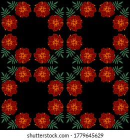 Seamless pattern with brown Tagetes patula (French marigold) flowers and green leaves on black background. Endless colorful floral texture. Vector illustration.
