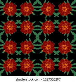 Seamless pattern with brown Tagetes patula (French marigold) flowers and green leaves on black background. Endless colorful floral texture. Vector illustration.
