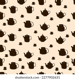 Seamless pattern of brown teapots and teacups silhouettes on a beige background. Vector illustration. For packaging, textiles.