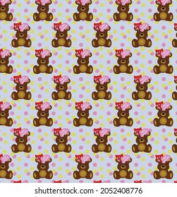 Un patrón sin fisuras con osos de peluche marrón sobre fondo de guisantes en vector.Aplicar para felicitaciones de niños,eps 10 formato
