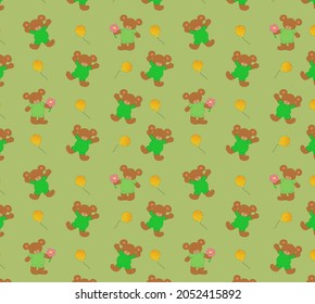 A seamless pattern with brown  teddy bears and balloons on green background for children illustration in vector,eps 10