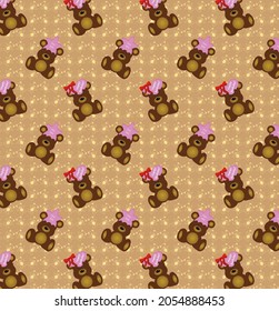 A seamless pattern with brown teddy bears  with gift for children birthday congratulations in vector, eps 10 format