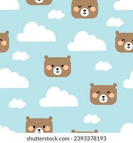 Seamless pattern of brown teddy bears, and white clouds, blue background cute wallpaper for gift wrapping paper, textile, colorful vector for kids, flat style