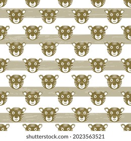 Seamless pattern with brown tigers, stripes on a white background, with texture. Vector illustration of cute animal faces.